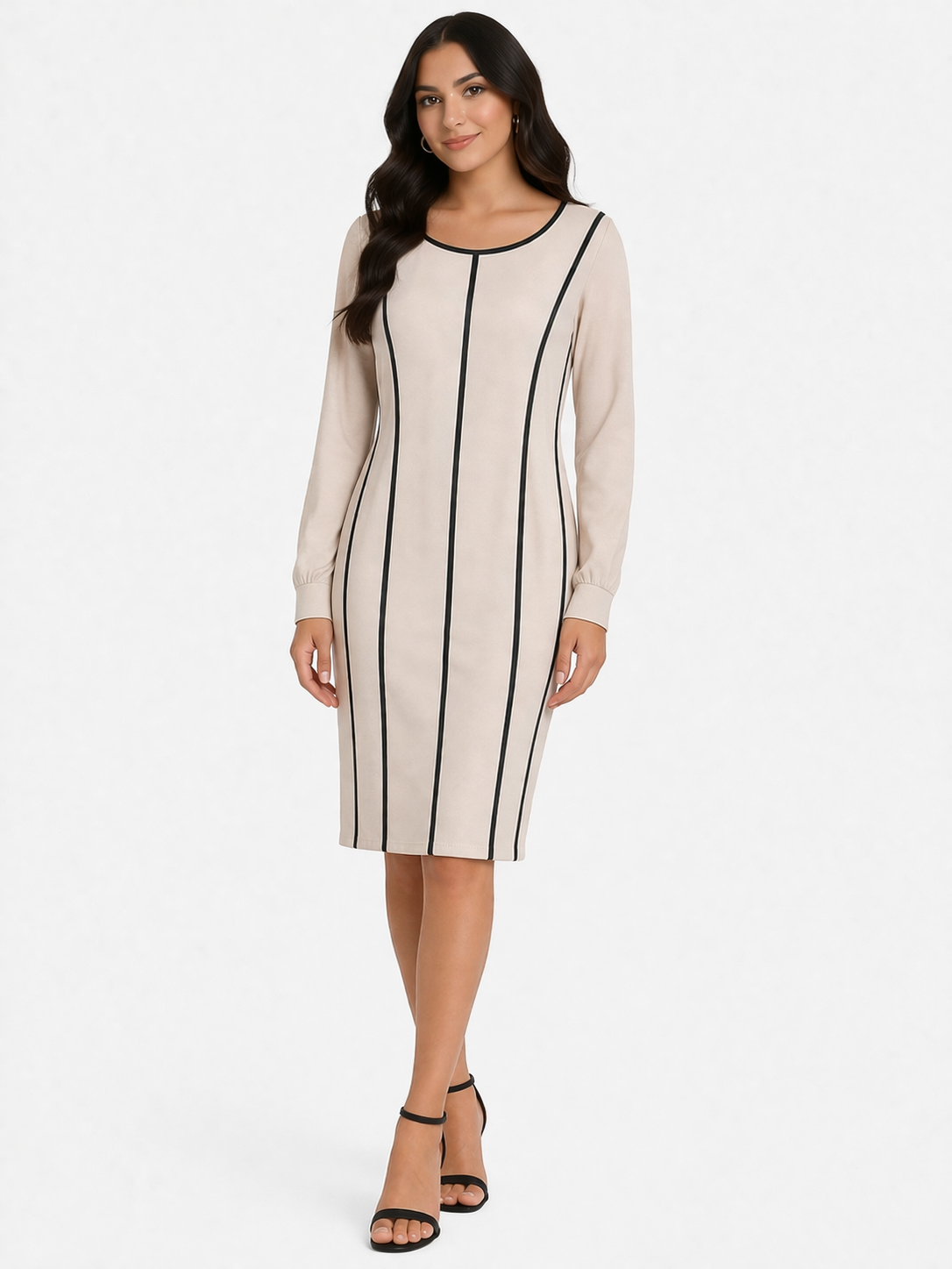 Beige Midi Dress with Black Lines – Slim Fit Elegance