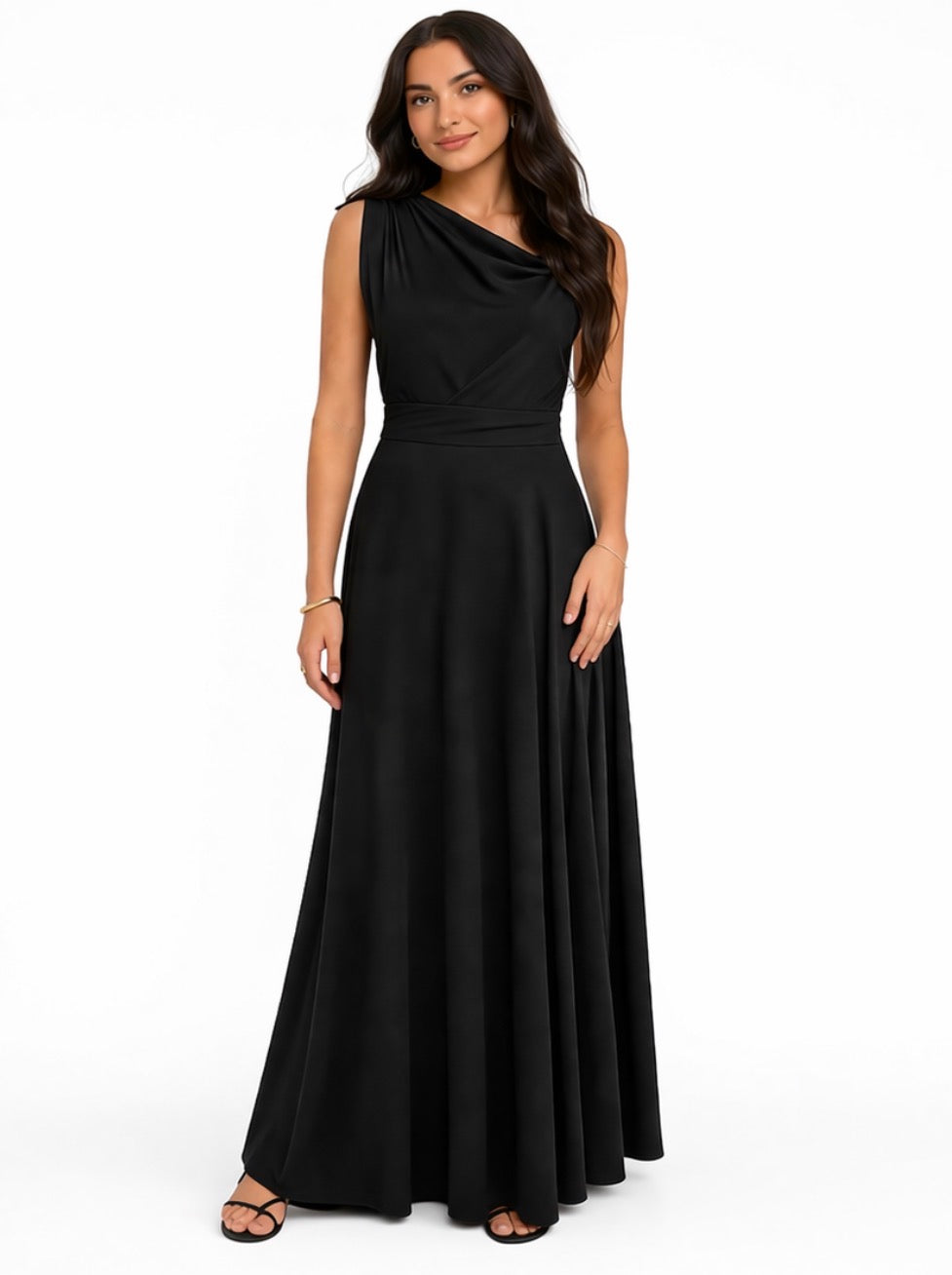 Elegant Black Maxi Dress – Defined Waist Fit