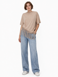 Beige Ribbed Fringe Top – Asymmetrical Design
