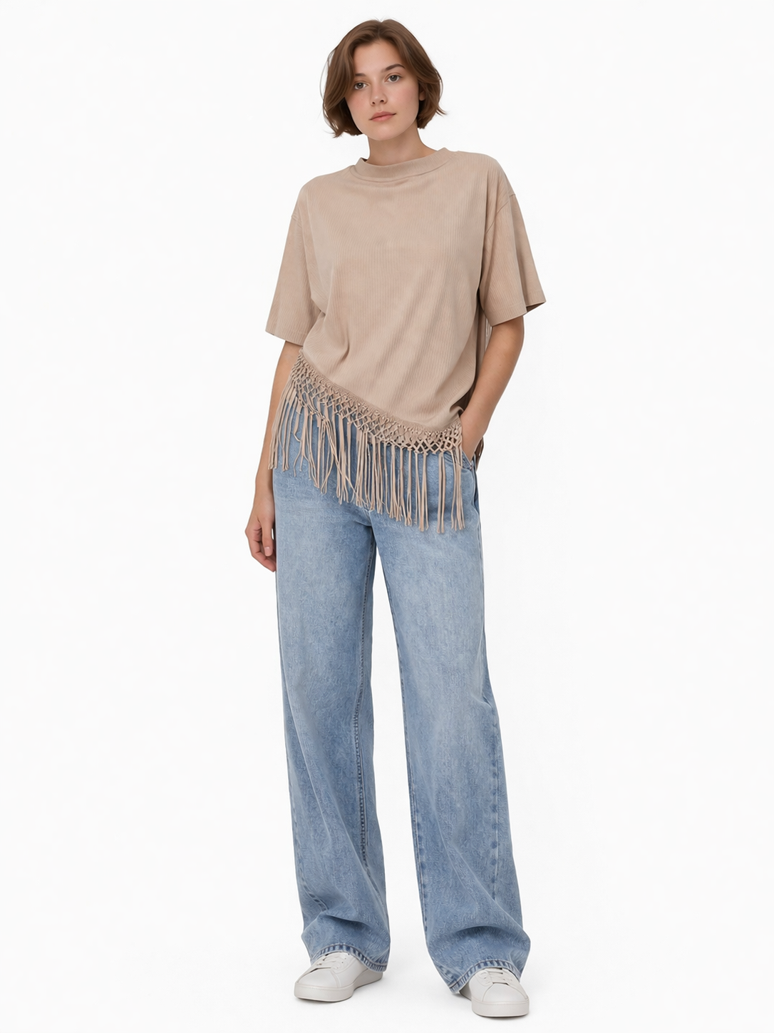 Beige Ribbed Fringe Top – Asymmetrical Design