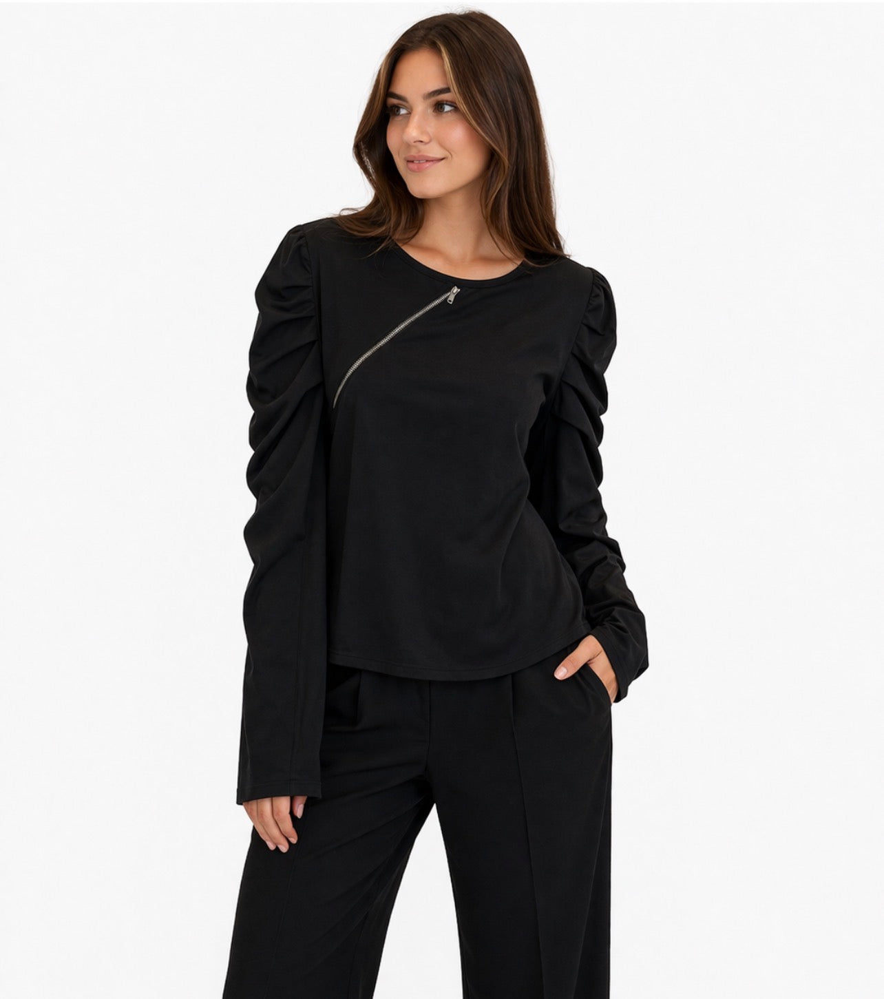 Black Asymmetric Zip Top – Ruched Sleeve Design