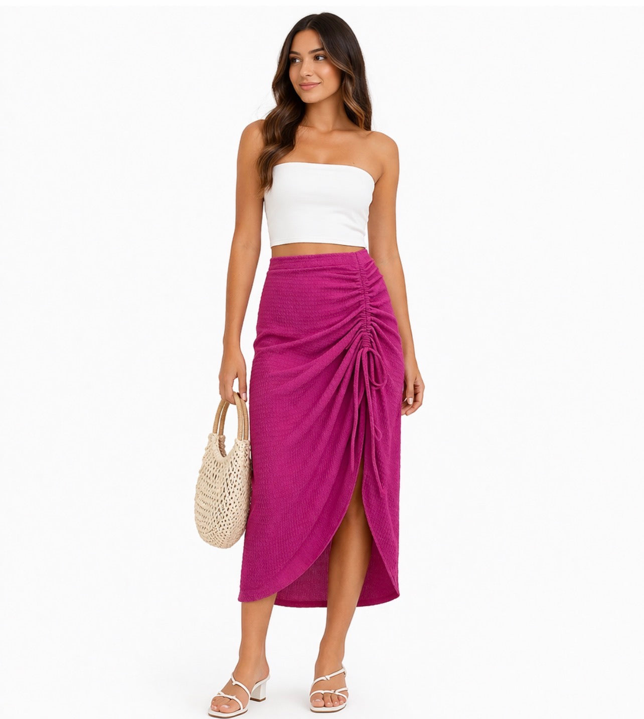 Magenta Ruched Midi Skirt – Elegant Fit