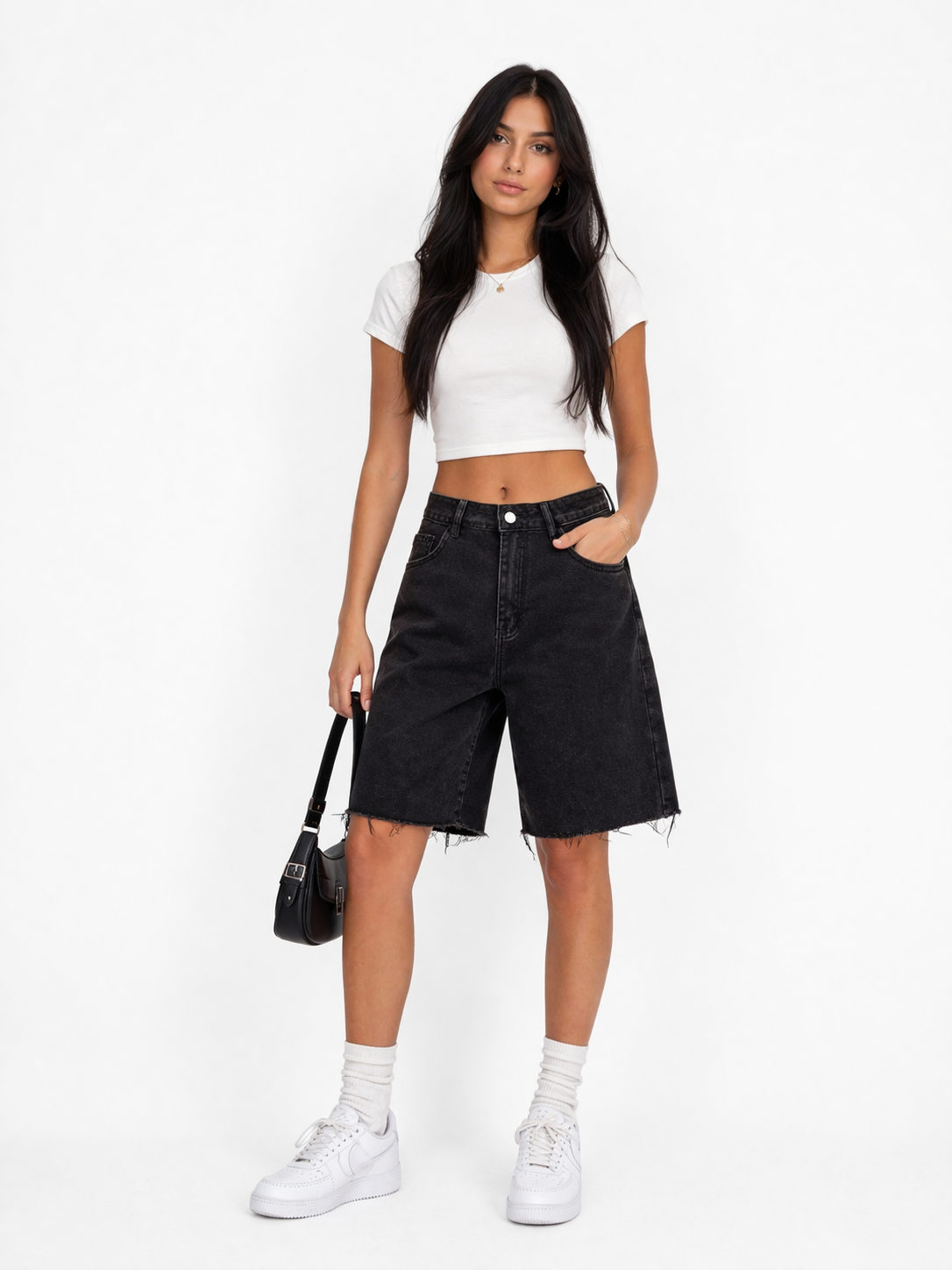 Black Denim Bermuda Shorts – Raw Hem