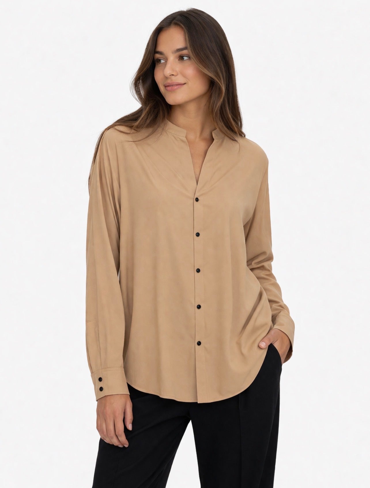 Beige Button-Up Shirt – Minimal Stand Collar