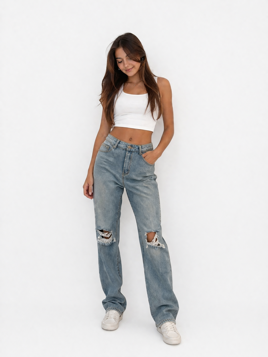 Dark Light Wash Ripped Jeans – Straight Fit
