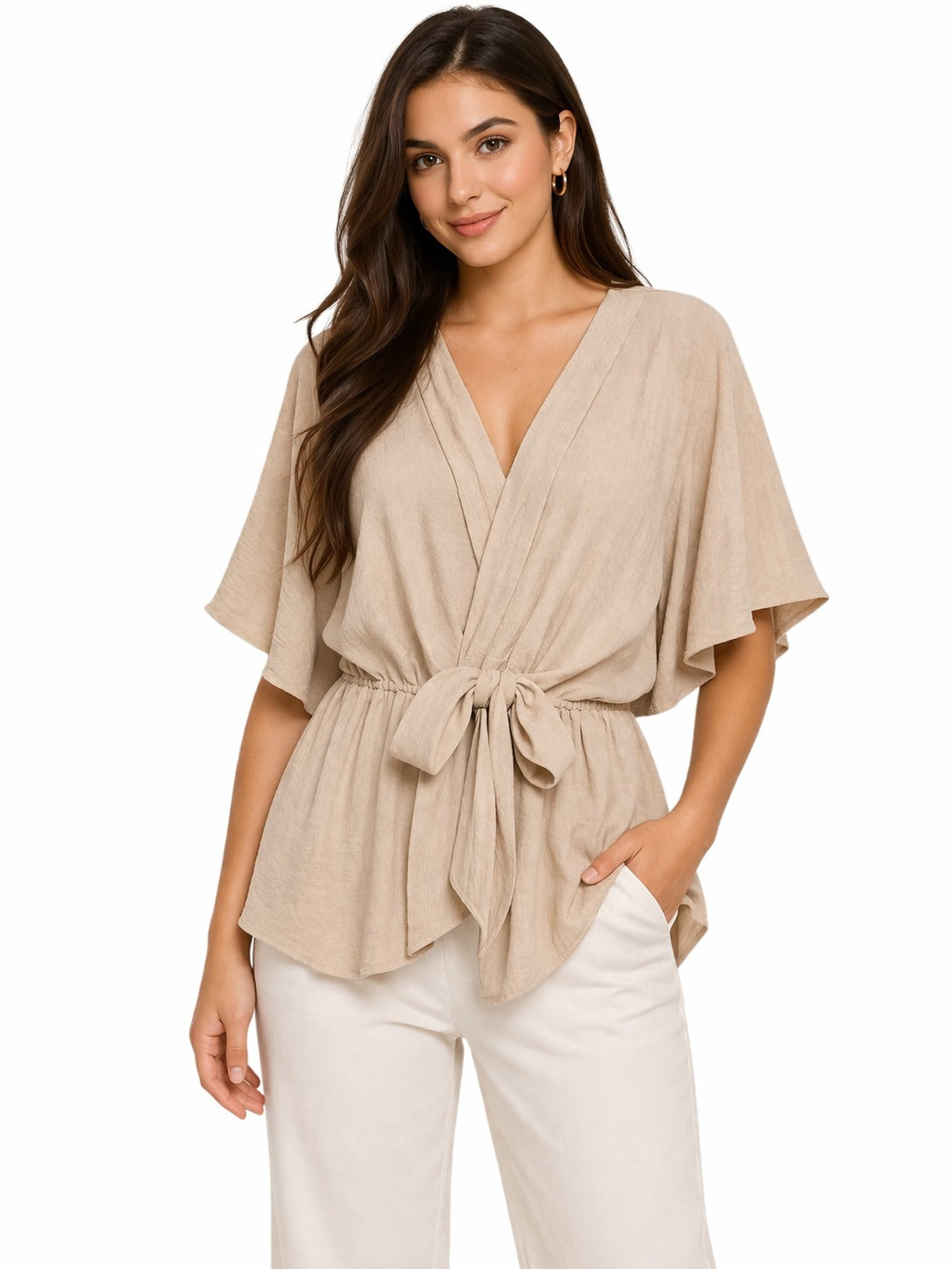 Beige Wrap Blouse – Elegant Soft Fit