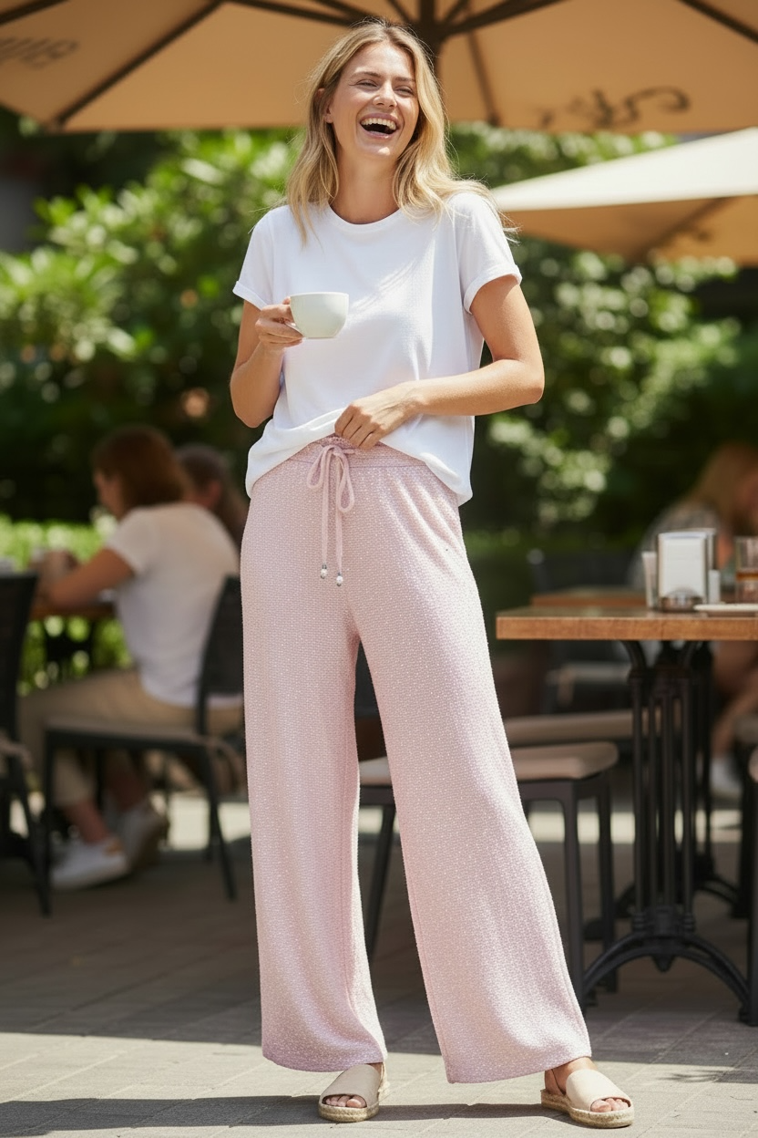 Elegant Blush Wide-Leg Pants with Gold Detail – High Waist Fit