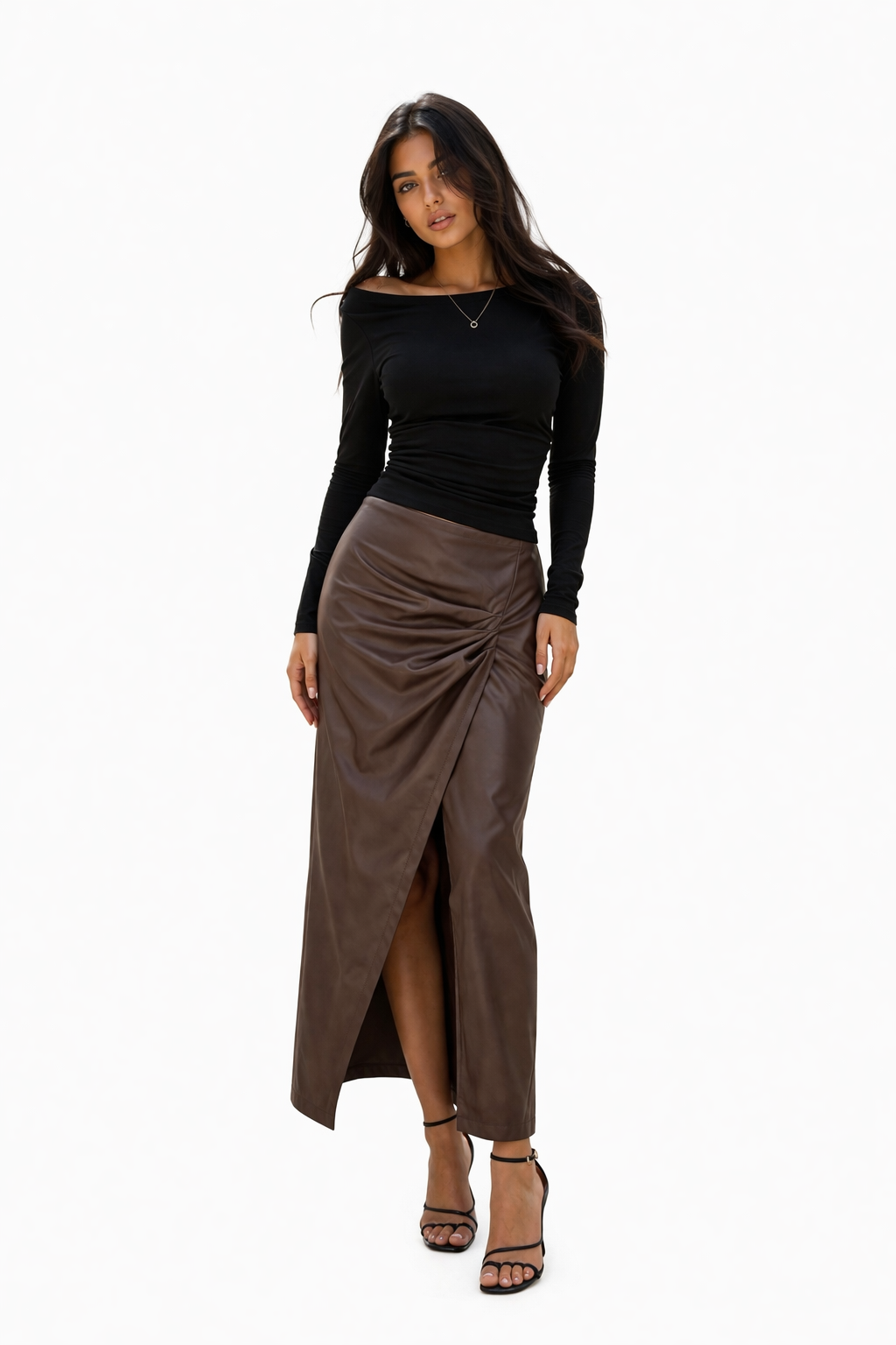 Elegant Faux Leather Wrap Skirt – Midi Chic Fit