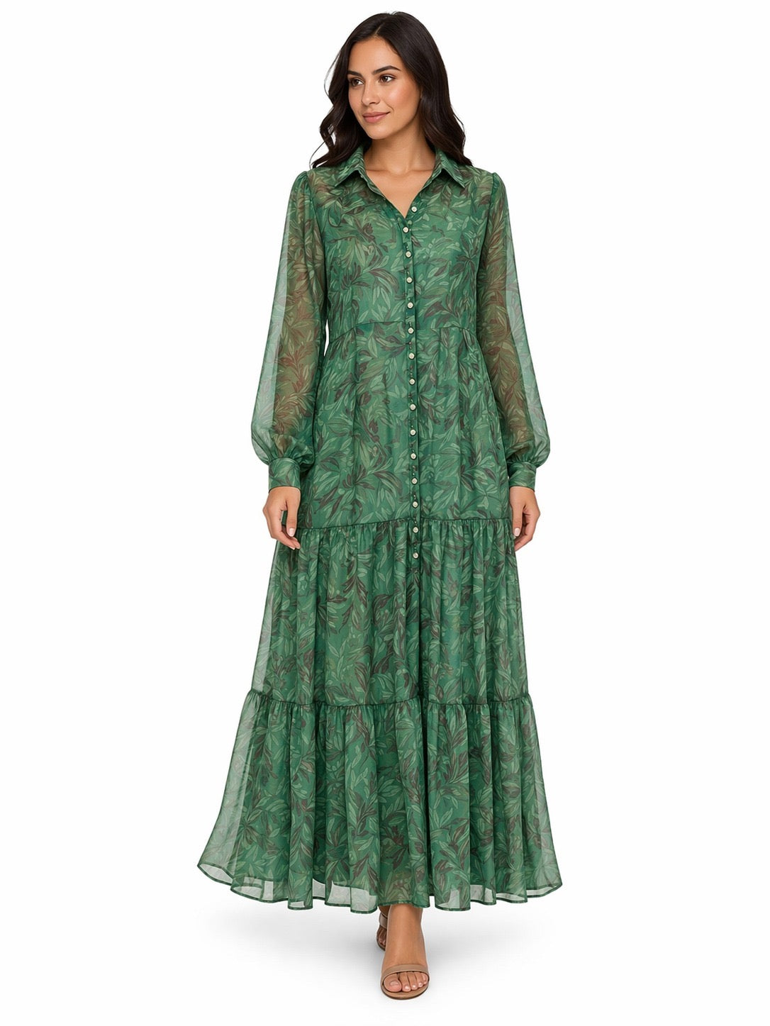 Green Printed Maxi Dress – Elegant Flowing Style
