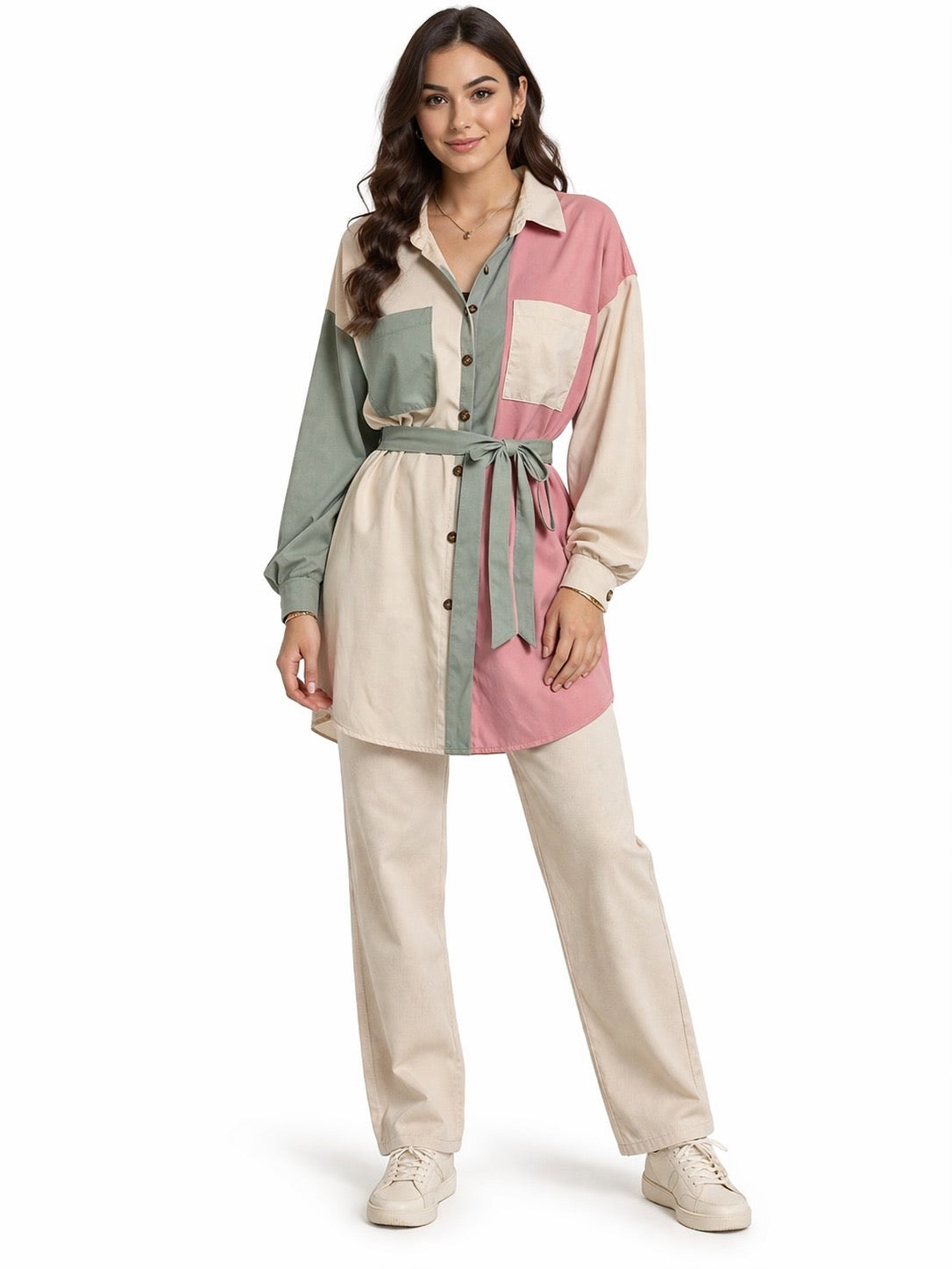 Color Block Belted Shirt Dress – Casual Chic Style