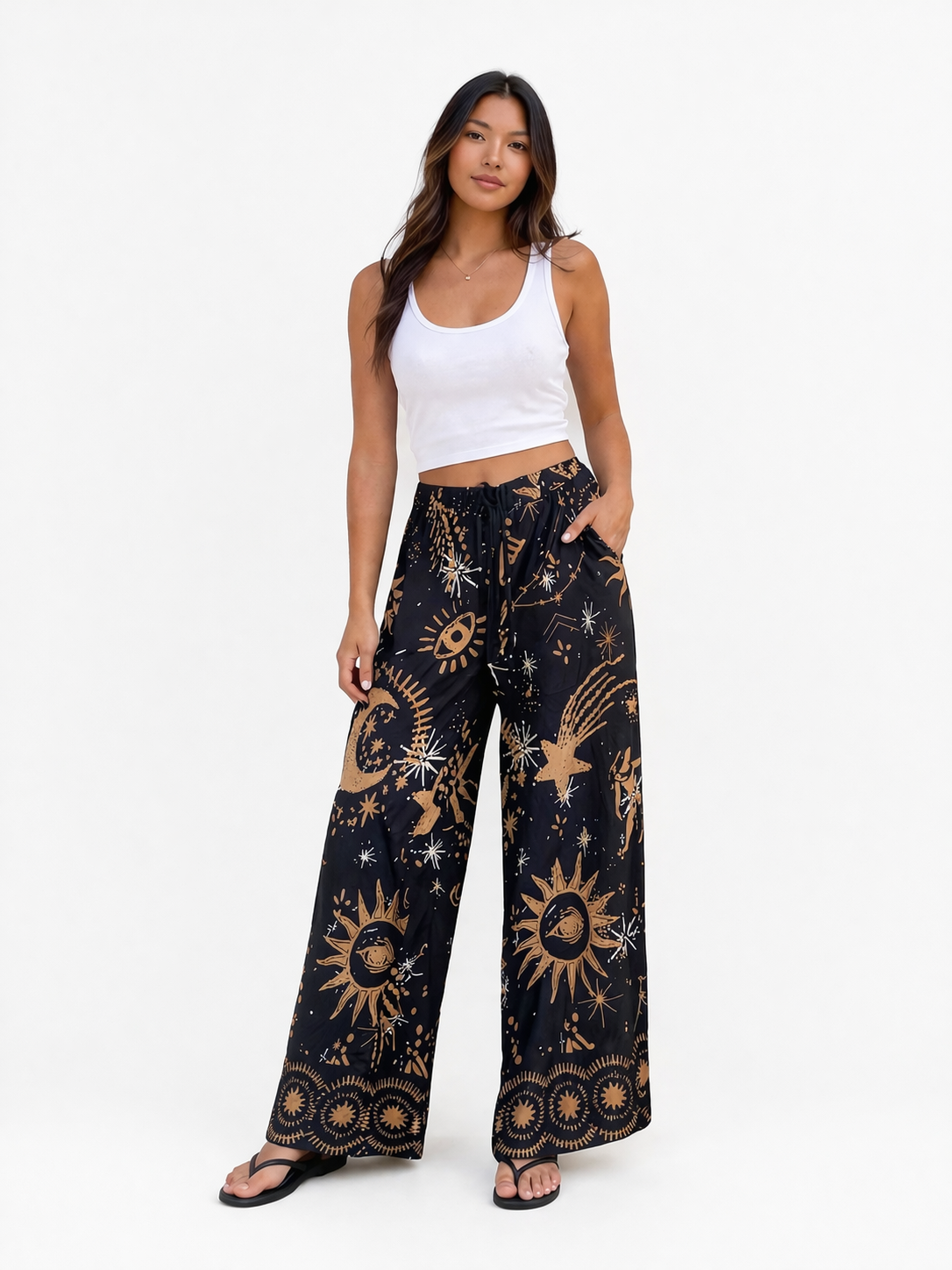 Celestial Print Wide-Leg Pants – Boho Relaxed Fit